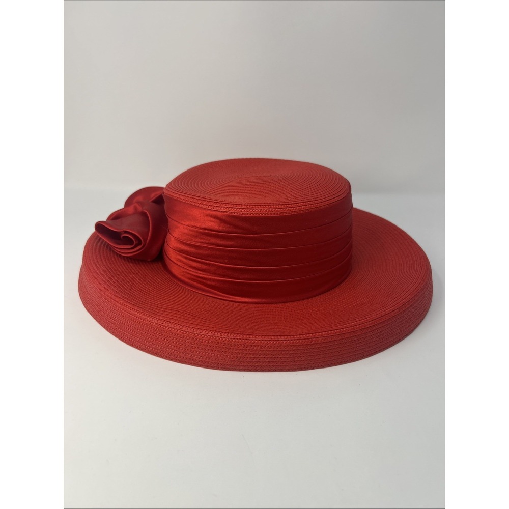 Amanda Smith Vintage Style Red Straw Boater Sun Hat Big Ribbon Bow Church Derby